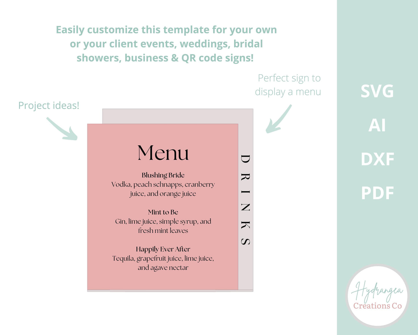 Double Rectangle Sign With Stand Template SVG Signature Drink Wedding Bar Menu Sign, Social Media, Payment QR Code, Glowforge Laser Cut File