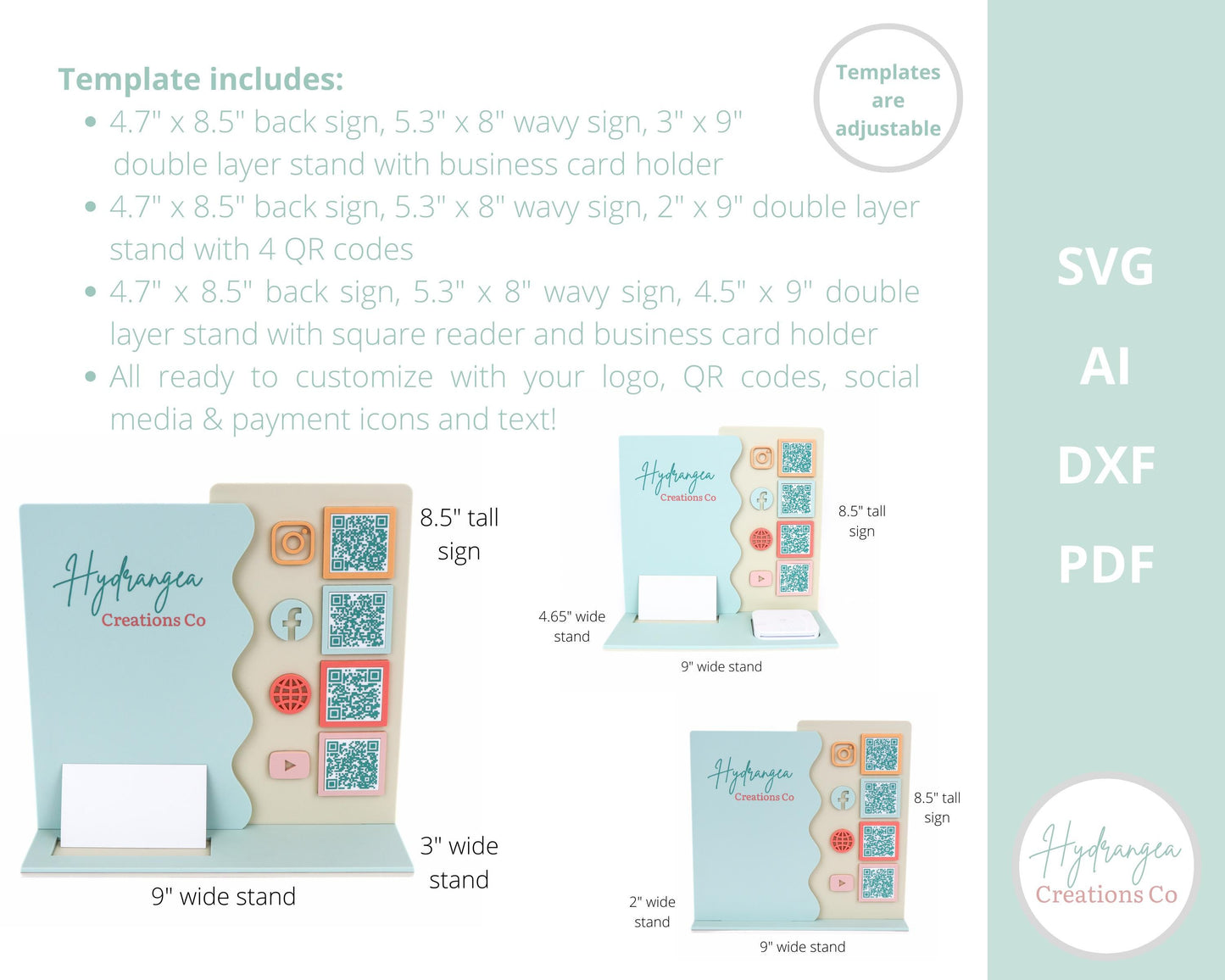 4 QR Wavy Sign Bundle Laser File SVG | Market Show Display | Scan to Pay QR Code Social Media Payment Business Card & Square Reader Station