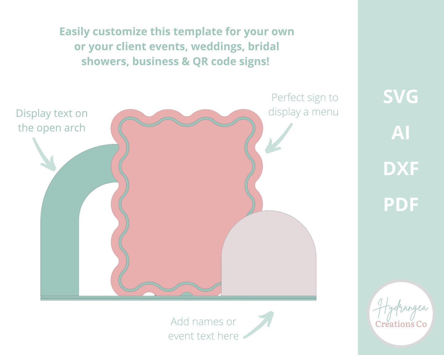 Triple Open Arch Wavy Sign With Stand Template SVG Signature Drink Wedding Bar Menu Sign, Social Media, QR Code, Glowforge Laser Cut File