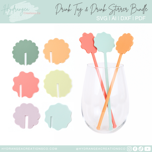 Wavy Scallop Drink Tag & Stirrer Bundle | Laser Cut SVG File