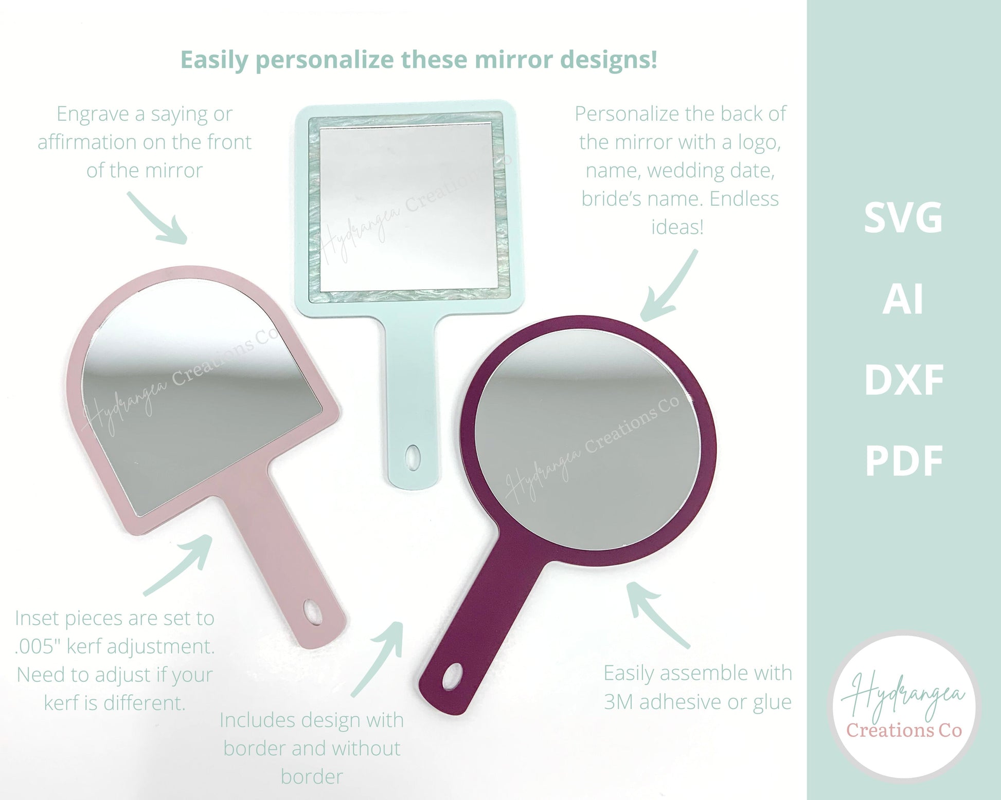 Acrylic Mirror Bundle SVG Laser Cut File | Logo Hand Held Beauty Salon Lash Tech, Personalized Make Up Bride Bridesmaid Mother Daughter Gift