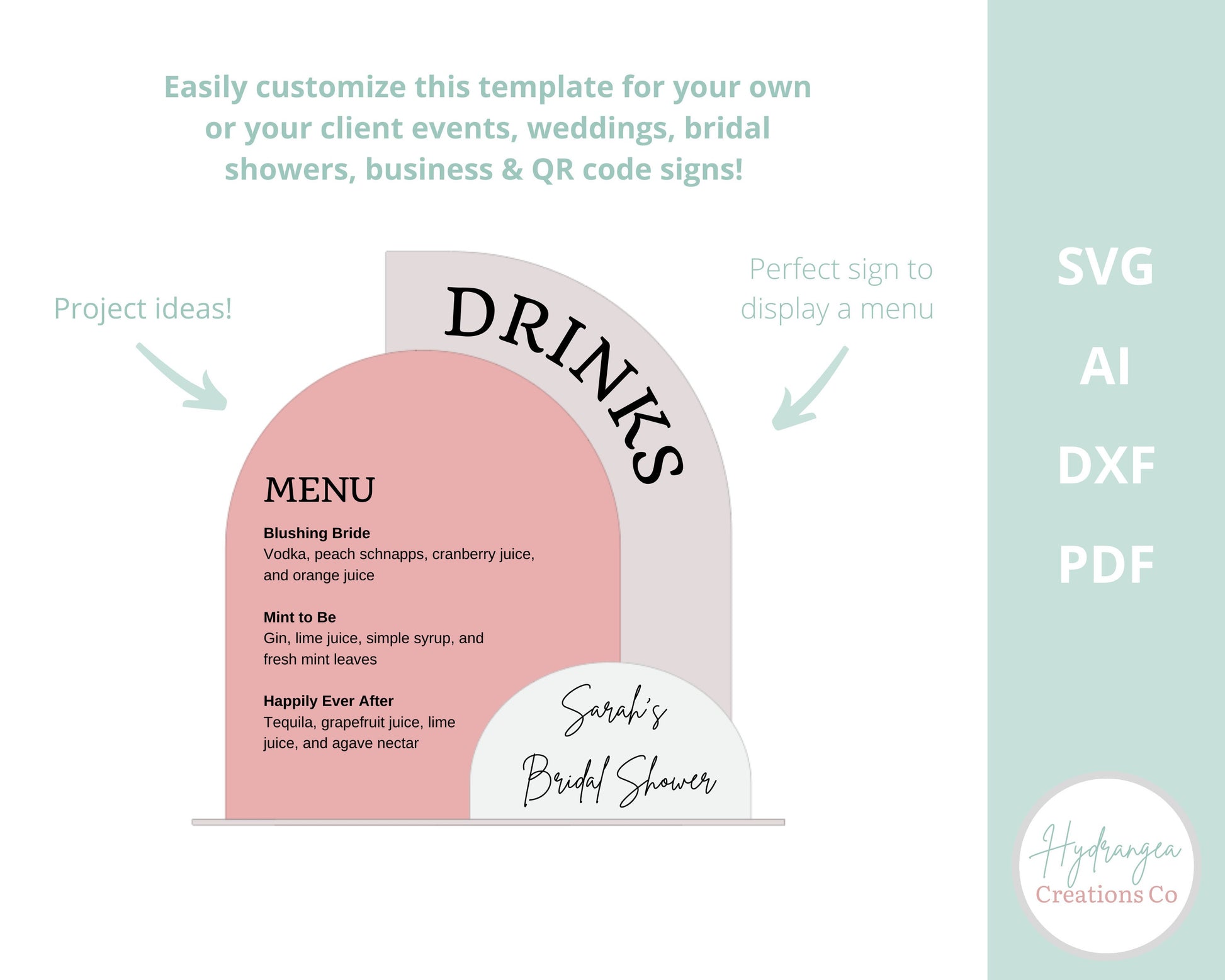 Signature Drink Menu Sign Template SVG Wedding Signage | Bar Menu | Social Media Sign | Half Arch | Bridal Shower QR Code | Laser Cut File