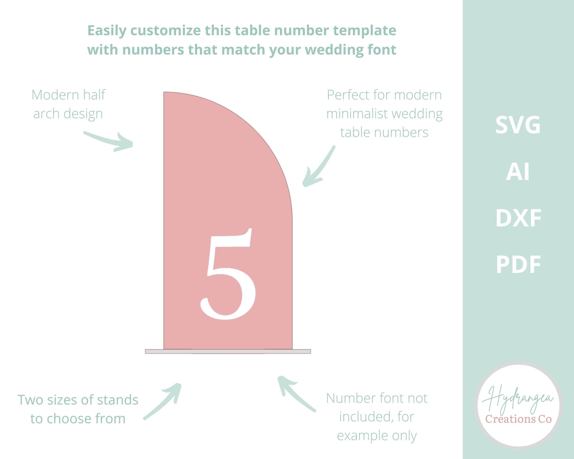 Half Arch Table Number Template SVG Laser Cut File Modern Wedding Acrylic Wood Signage | Bridal Baby Shower Baptism Graduation Table Number