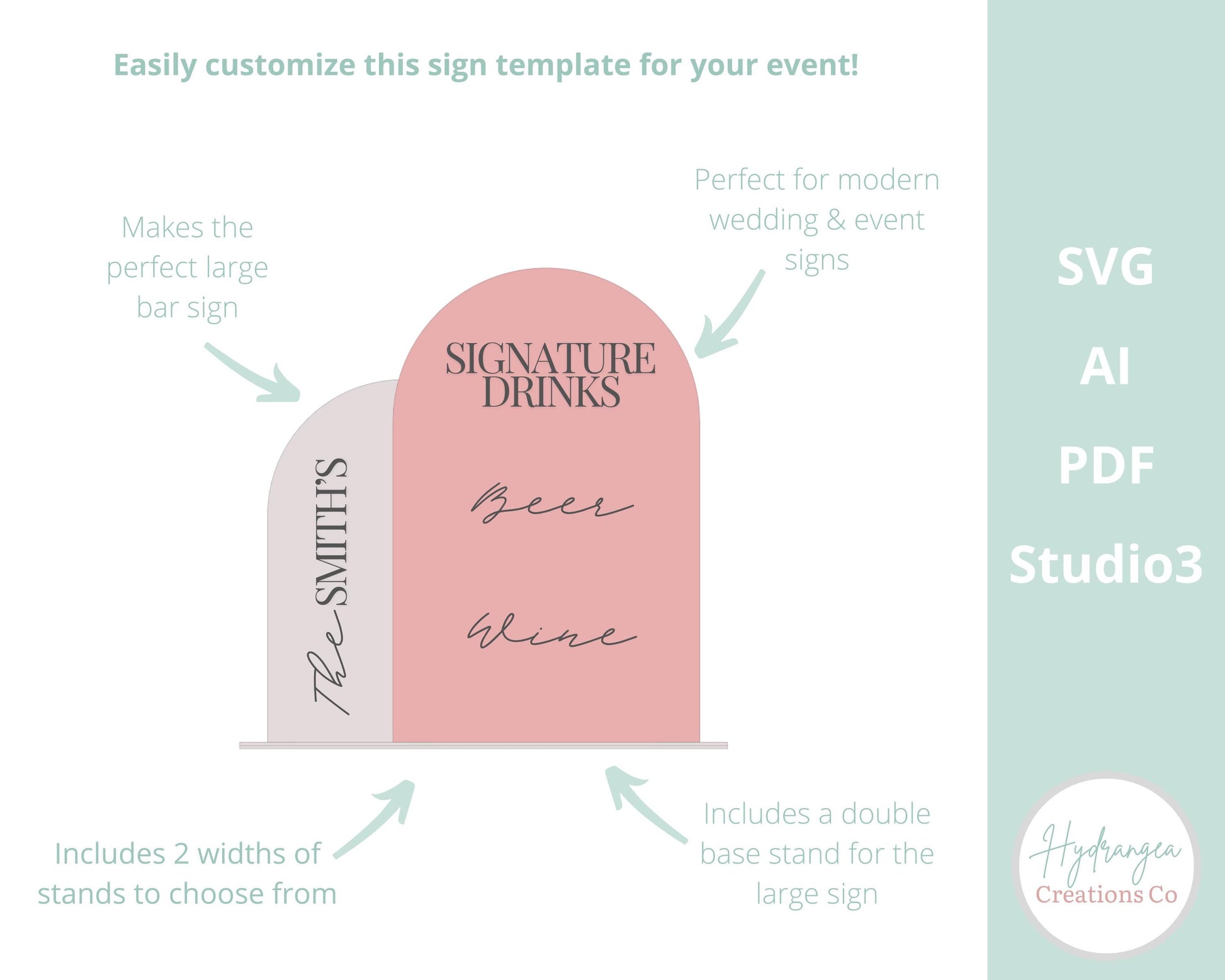 Double Arch Sign With Stand Template Laser Cut File SVG Signature Drink Wedding Bar Menu Sign, Social Media, Payment QR Code, Glowforge