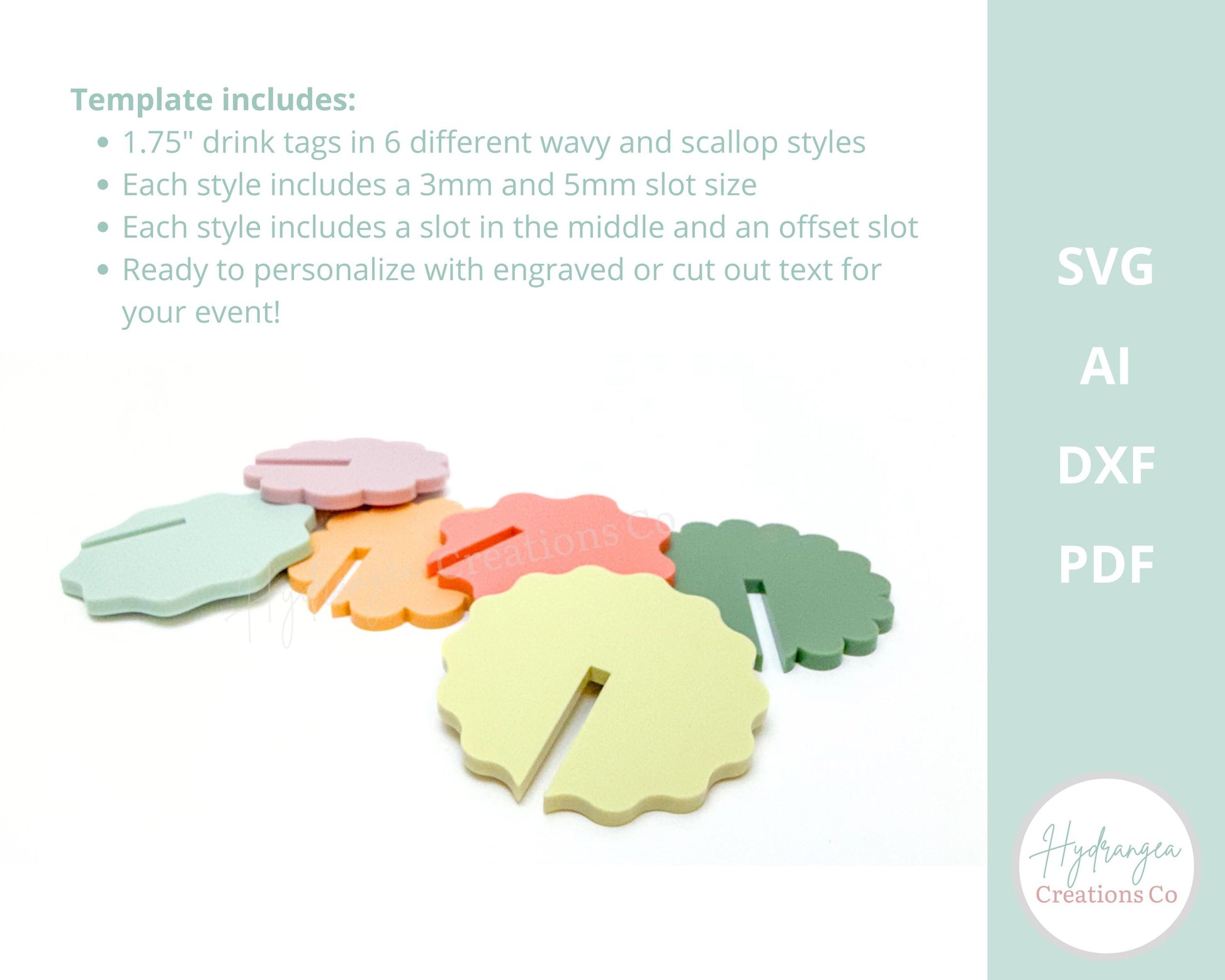 Scallop Wavy Drink Tag Bundle SVG Laser Cut File Template | Drink Charm Retro Rainbow Bridal Shower Wedding Birthday Drink Name Tag