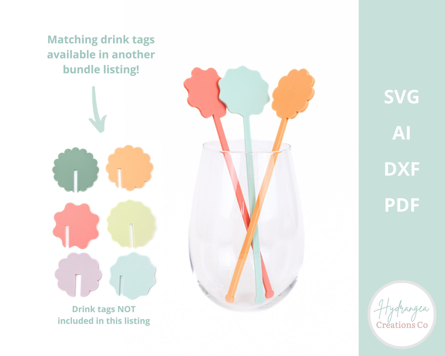 Drink Stir Stick Swizzle Stick Bundle SVG Scallop Wavy Drink Name Tag Laser Cut File Template | Retro Rainbow Bridal Shower Wedding Birthday