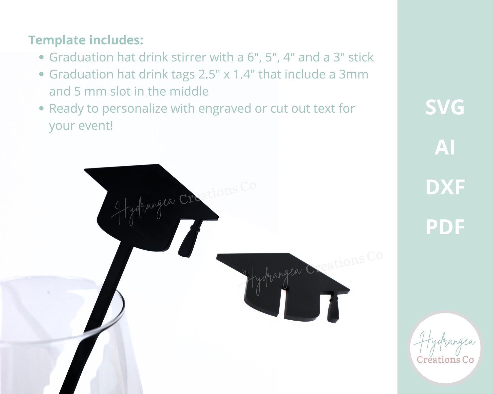 Graduation Hat Drink Tag & Stirrer Bundle SVG Laser Template | Drink Stir Stick Secondary College University Grad Party Favor Drink Name Tag