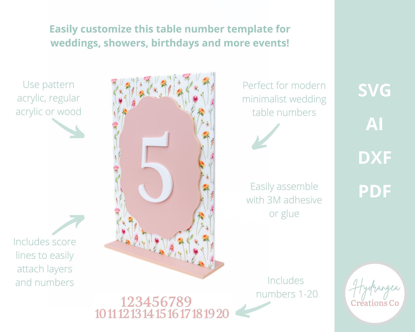 Table Number Layered Wavy SVG Laser Cut File Template Modern Acrylic Wood Signage | Wedding Bridal Baby Shower Graduation Table Number