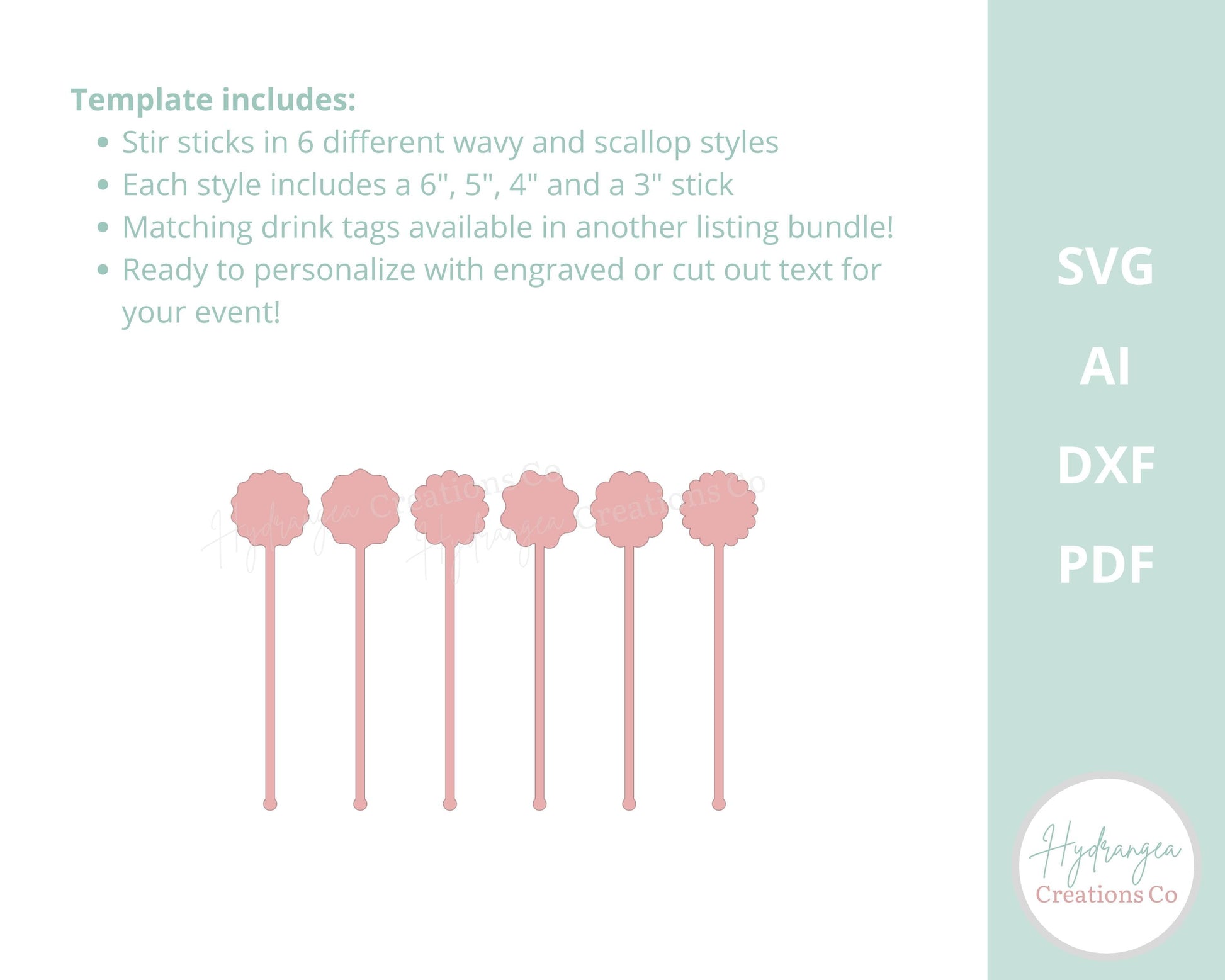 Drink Stir Stick Swizzle Stick Bundle SVG Scallop Wavy Drink Name Tag Laser Cut File Template | Retro Rainbow Bridal Shower Wedding Birthday