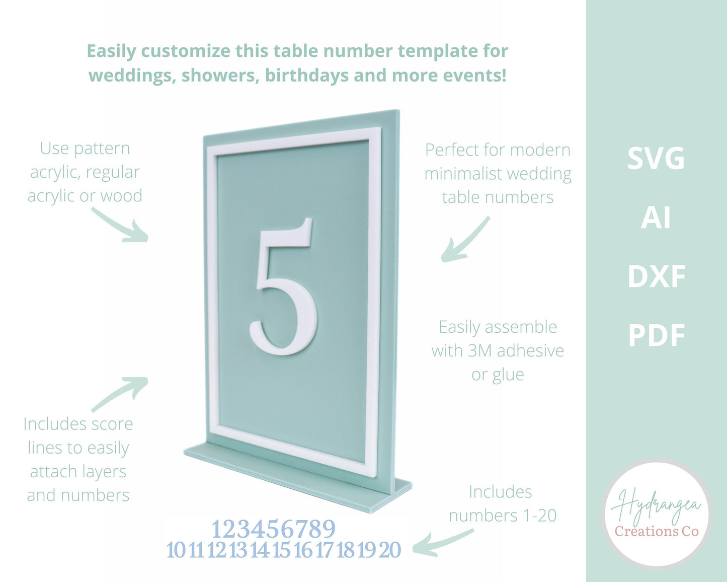 Rectangle Table Number SVG Laser Cut File Template Modern Minimalist Wedding Acrylic Wood Signage | Bridal Baby Shower Baptism Graduation