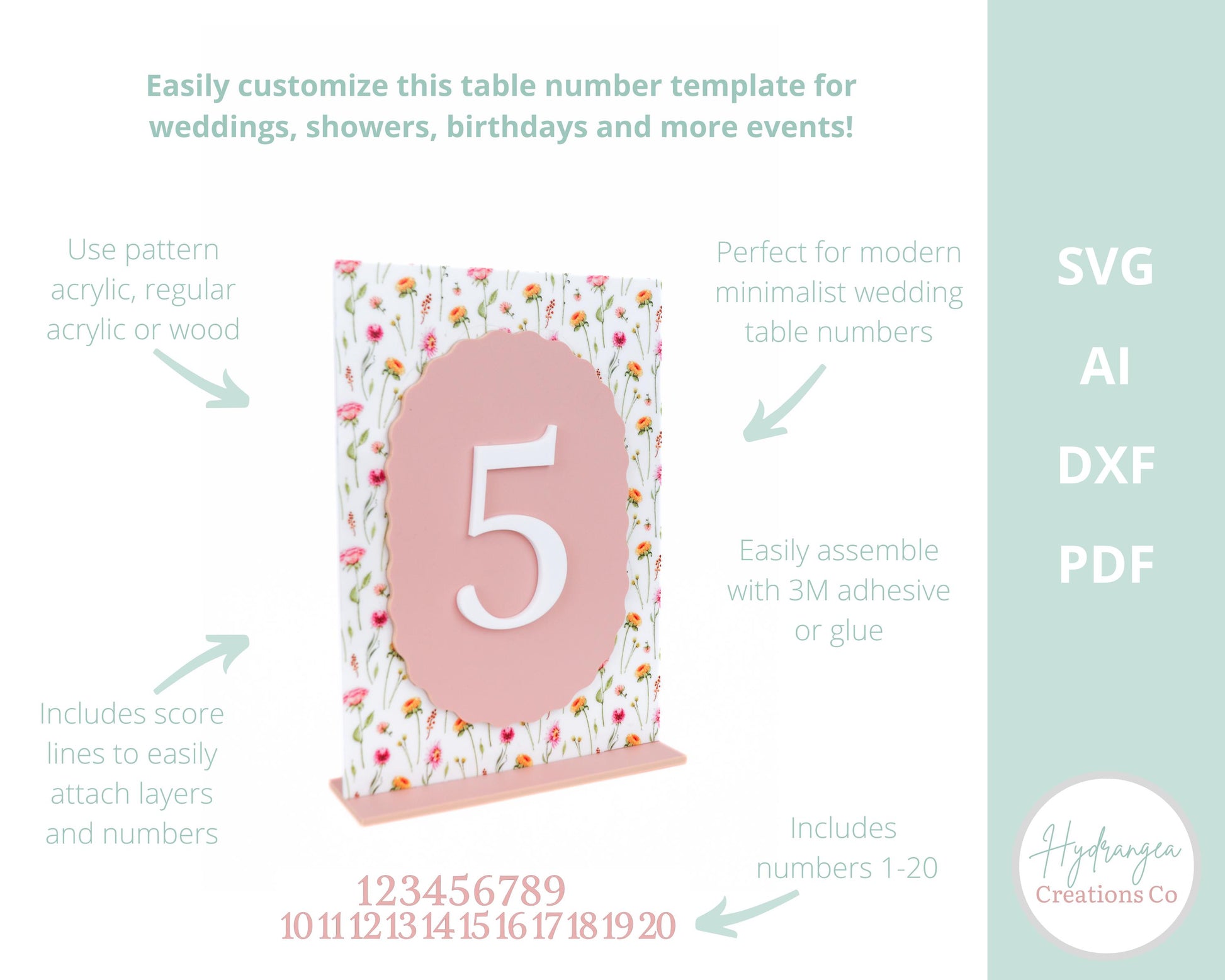 Table Number Layered Small Wavy SVG Laser Cut File Template Modern Acrylic Wood Signage | Wedding Bridal Baby Shower Graduation Table Number