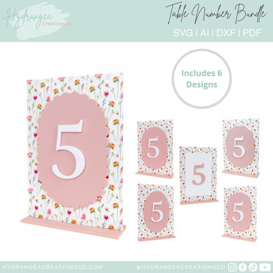 Table Number Bundle SVG Laser Cut File Template Modern Acrylic Wood Signage | Wedding Bridal Baby Shower Graduation | Wavy Scallop Oval