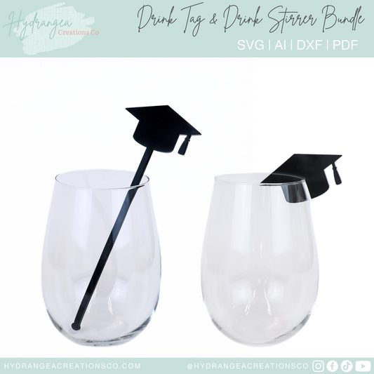 Graduation Hat Drink Tag & Stirrer Bundle SVG Laser Template | Drink Stir Stick Secondary College University Grad Party Favor Drink Name Tag