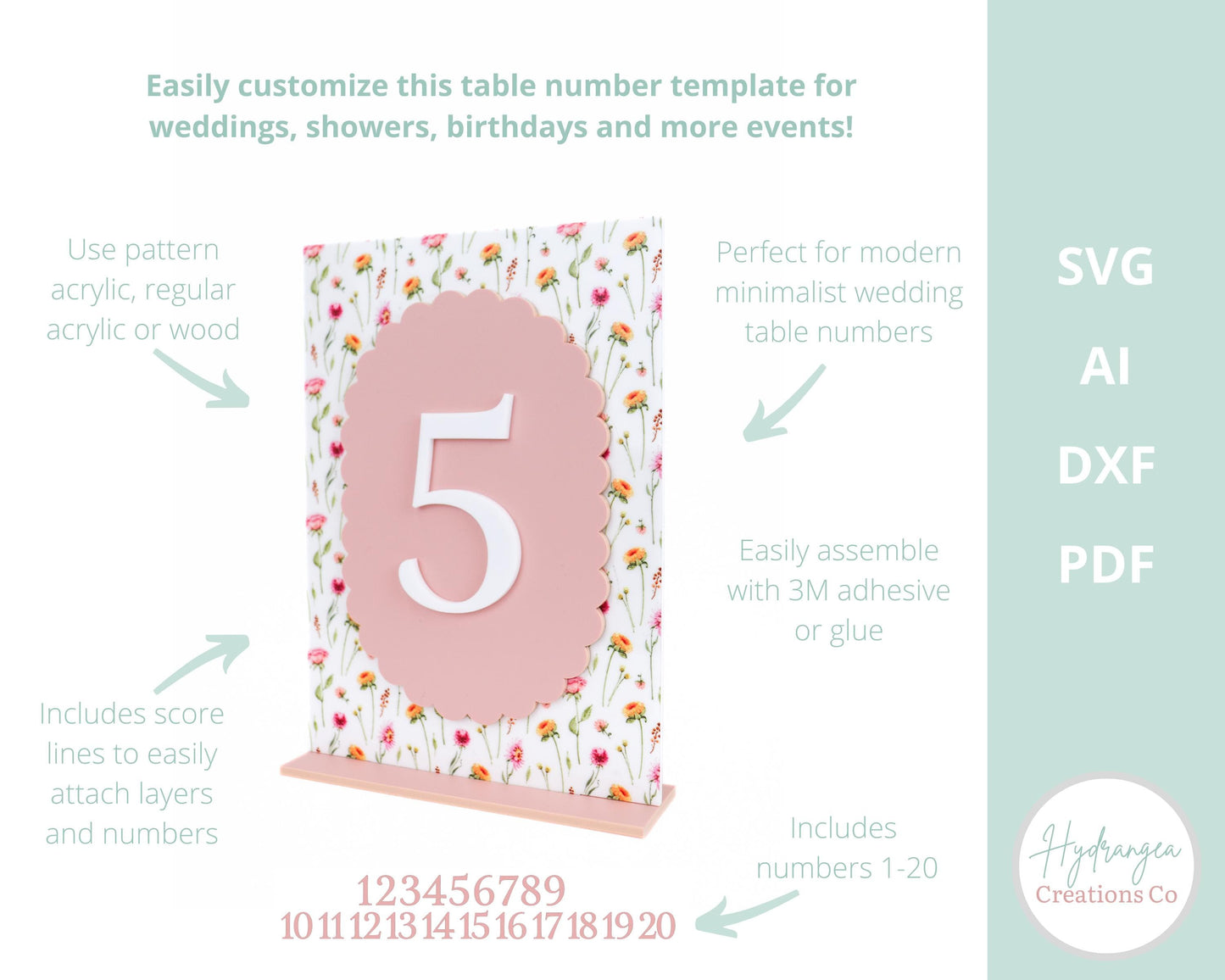 Table Number Layered Scallop SVG Laser Cut File Template Modern Acrylic Wood Signage | Wedding Bridal Baby Shower Graduation Table Number