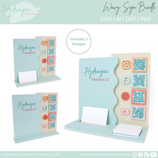 4 QR Wavy Sign Bundle Laser File SVG | Market Show Display | Scan to Pay QR Code Social Media Payment Business Card & Square Reader Station