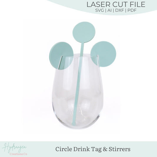 Circle Drink Tag & Stirrer Bundle SVG Laser Cut File Template | Simple Modern Round Drink Stirrer Name Tag | Wedding Birthday Any Shower