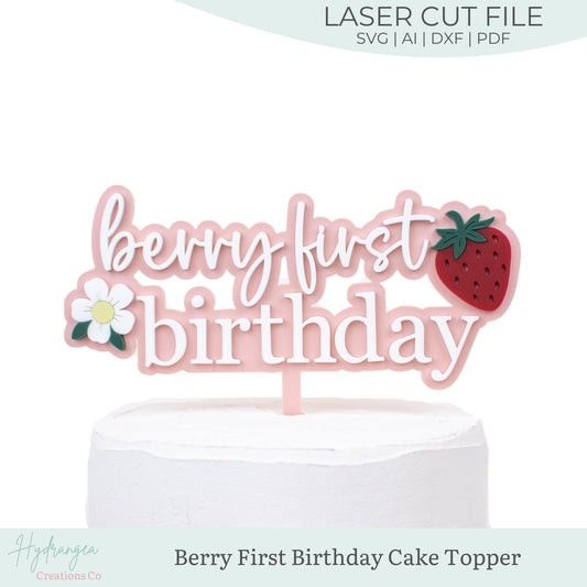 Berry First Birthday Cake Topper SVG Laser Cut File | Strawberry Sweet Theme Birthday Party | Event Decor Laser File | Glowforge SVG Files