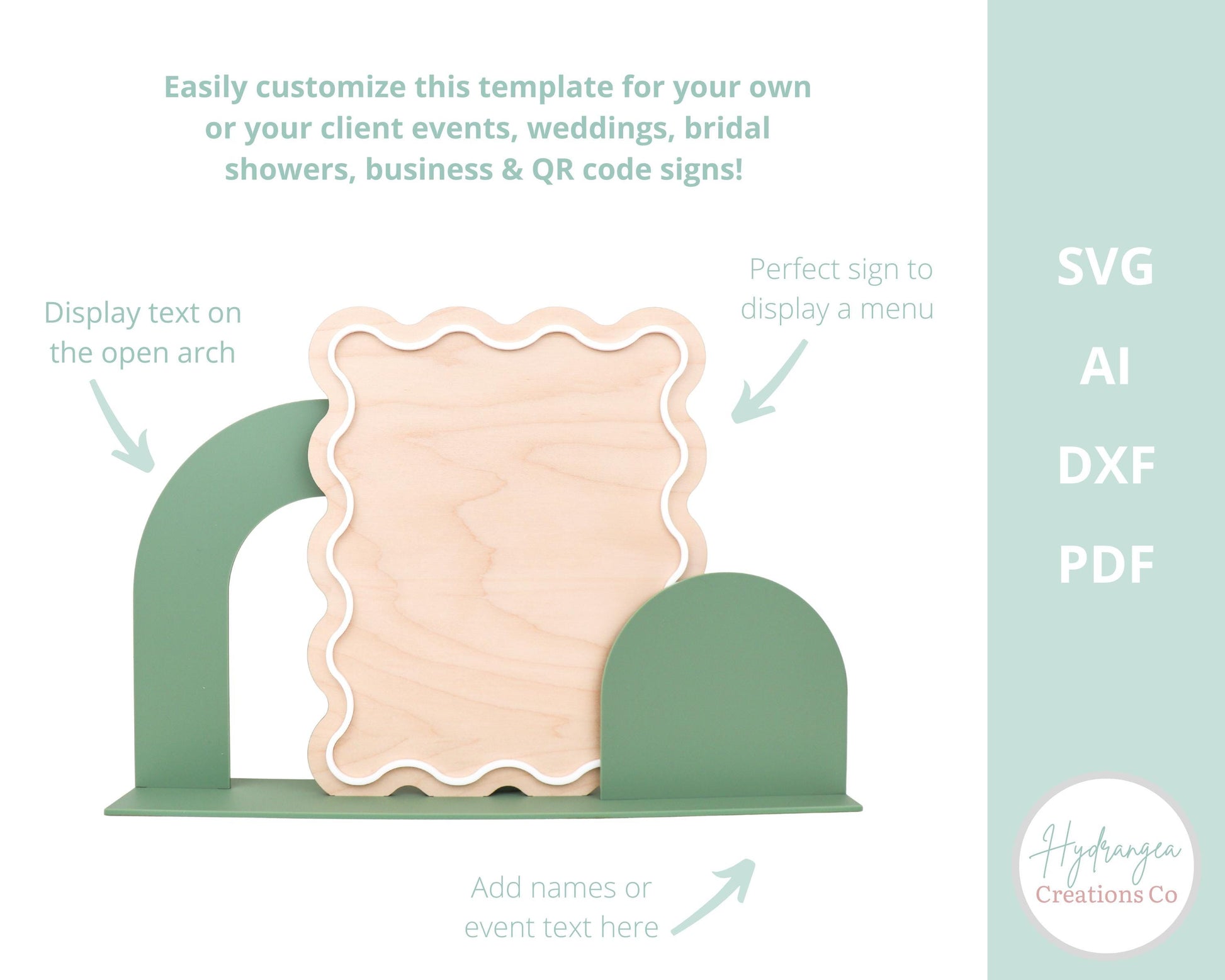 Triple Open Arch Wavy Sign With Stand Template SVG Signature Drink Wedding Bar Menu Sign, Social Media, QR Code, Glowforge Laser Cut File