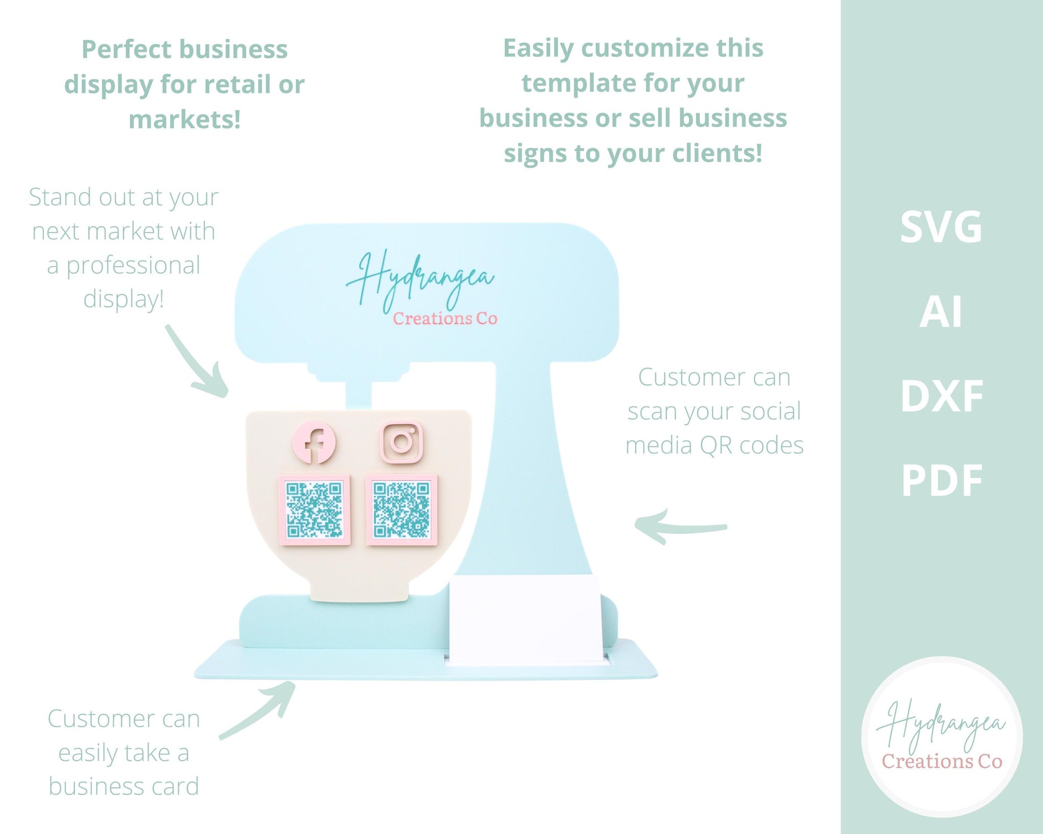 QR Code Sign Laser File SVG Baker Cake Mixer Stand | Market Craft Show Display | Scan Social Media Payment | Business Card Holder