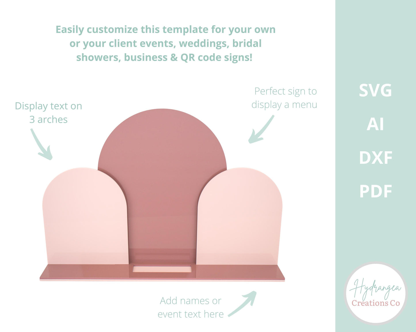 Triple Arch Sign With Stand Template SVG Signature Drink Wedding Bar Menu Sign, Social Media, Payment QR Code, Glowforge Laser Cut File