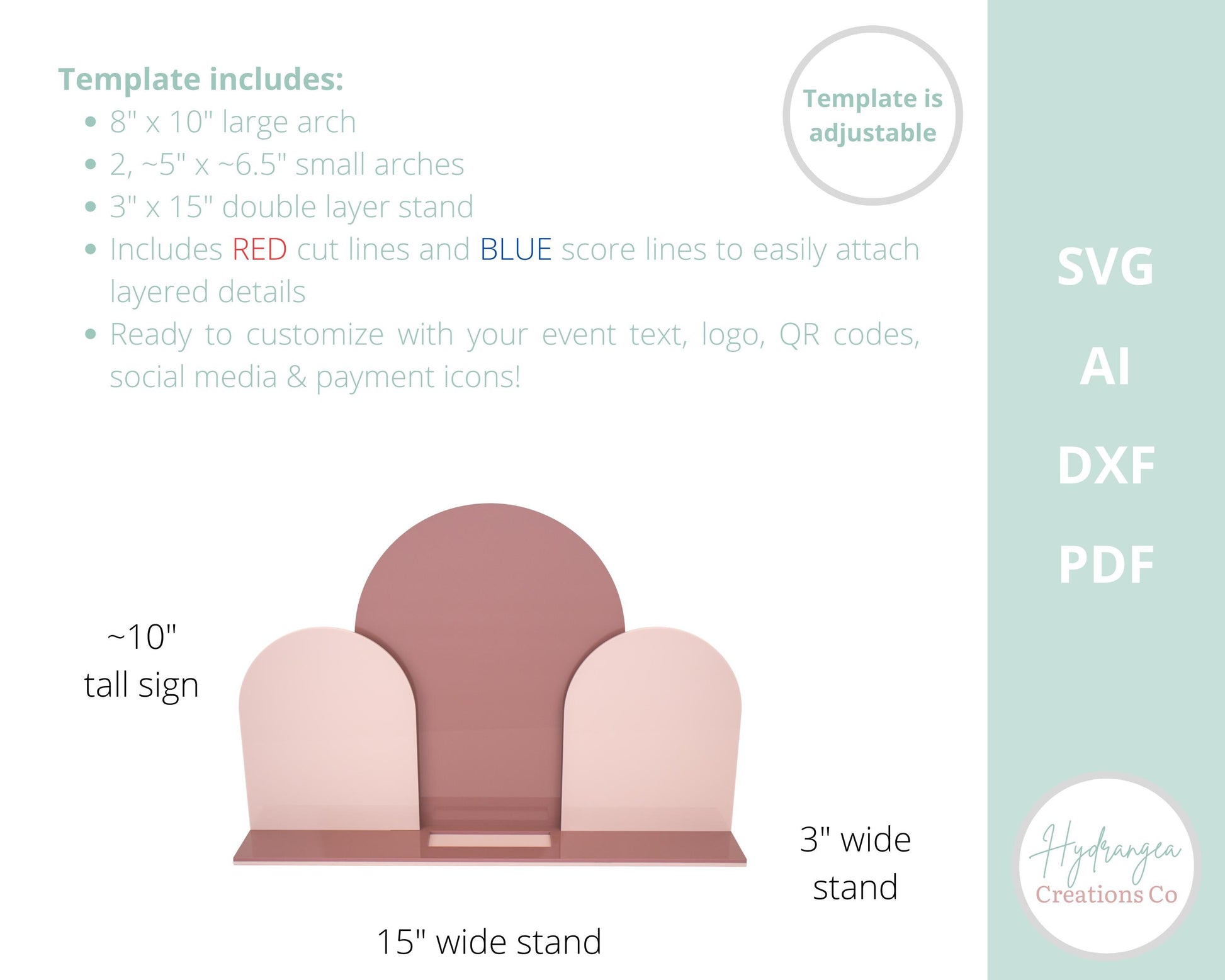 Triple Arch Sign With Stand Template SVG Signature Drink Wedding Bar Menu Sign, Social Media, Payment QR Code, Glowforge Laser Cut File