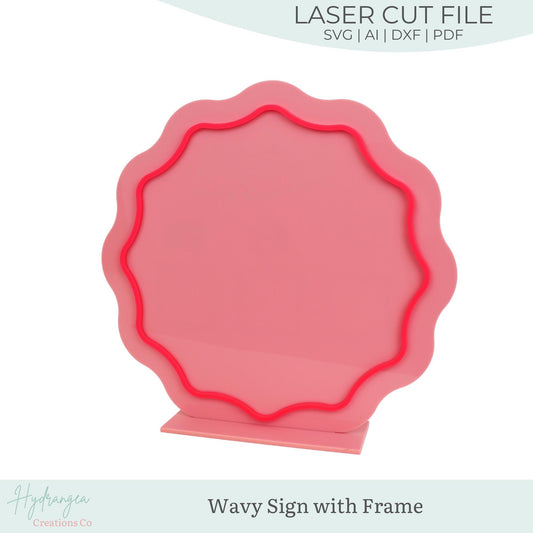 Wavy Circle Sign SVG Template | Round Sign with Frame | Business Sign SVG | Glowforge Laser Cut File