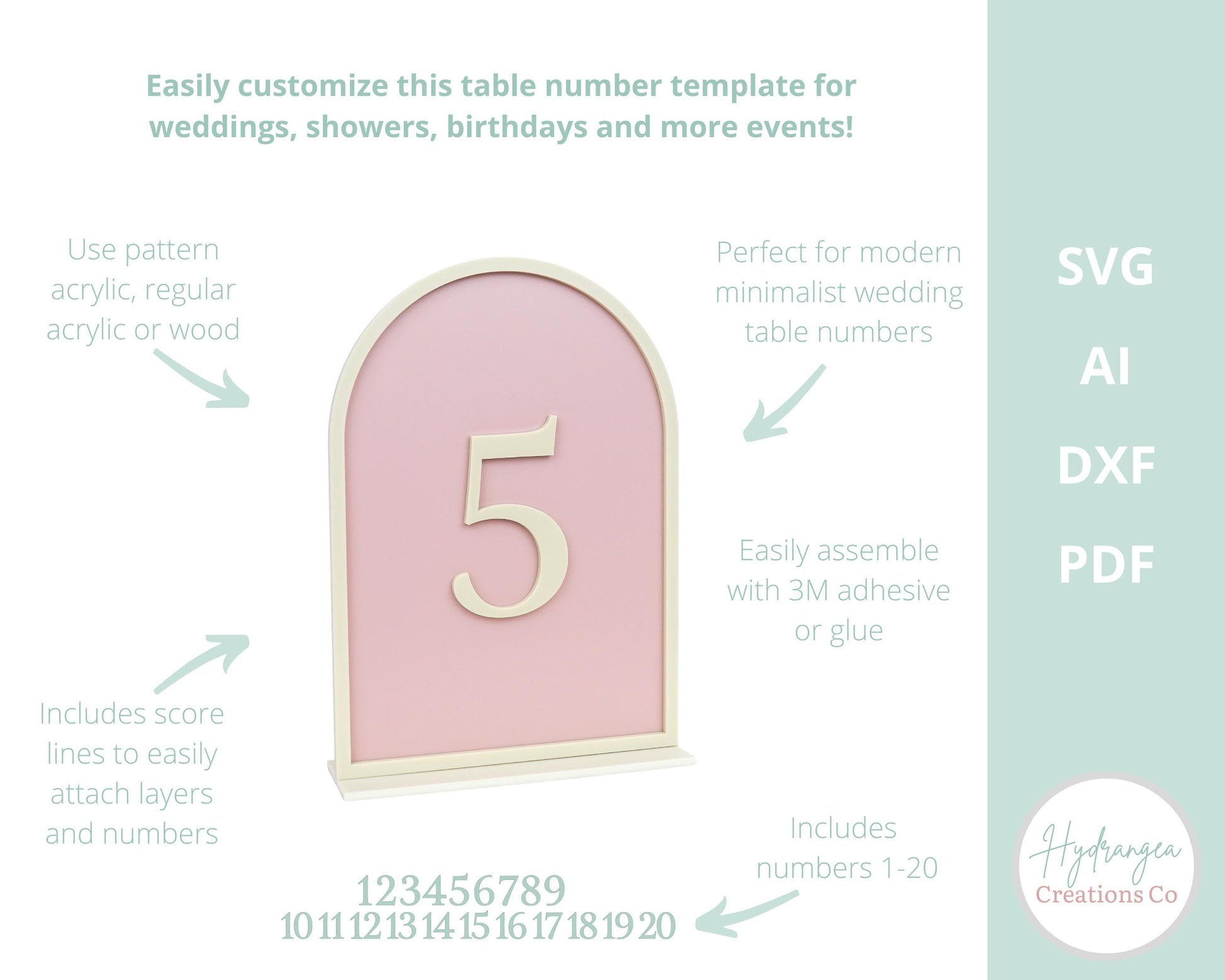Framed Arch Table Numbers SVG Wedding Table Decor | Acrylic Wood Sign Template | Modern Event Signage | Glowforge Laser Cut File DXF
