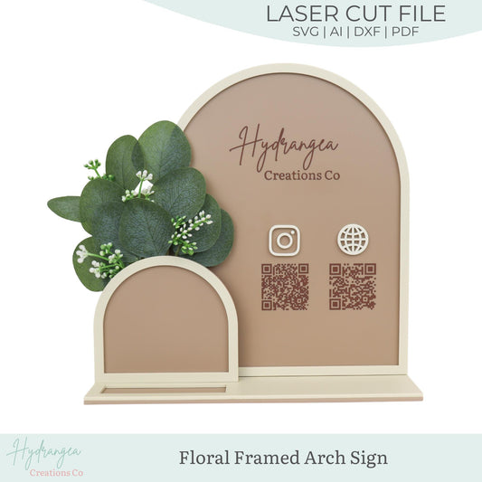Floral Vase Double Arch QR Code Social Media Payment Business Card Holder Sign | Framed Arch Craft Show Market Display | Laser Cut SVG File