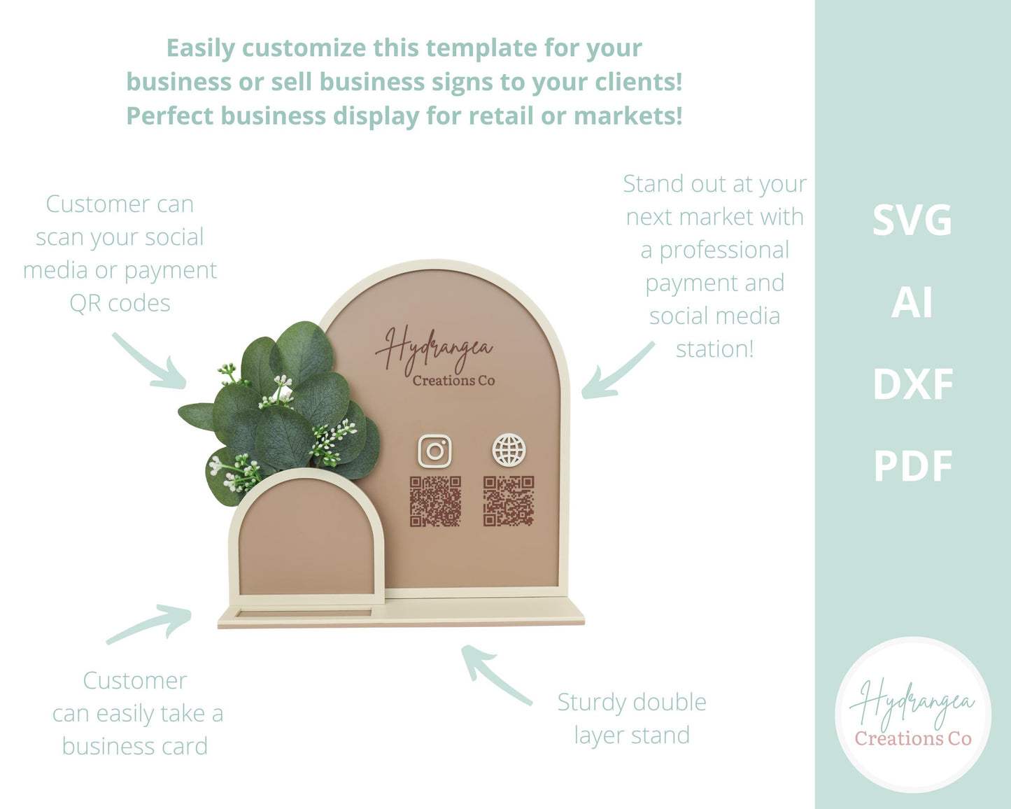 Floral Vase Double Arch QR Code Social Media Payment Business Card Holder Sign | Framed Arch Craft Show Market Display | Laser Cut SVG File