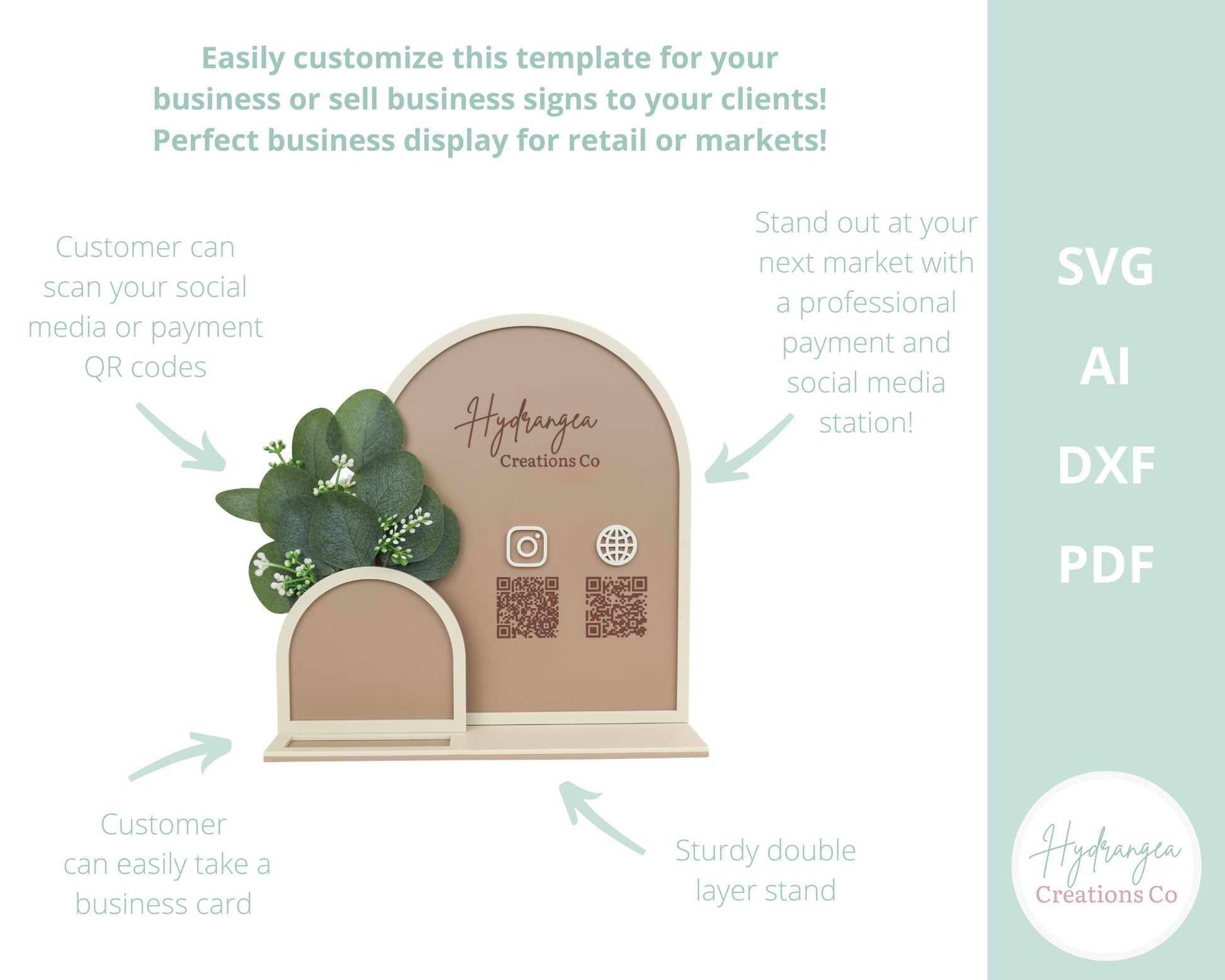 Floral Vase Double Arch QR Code Social Media Payment Business Card Holder Sign | Framed Arch Craft Show Market Display | Laser Cut SVG File