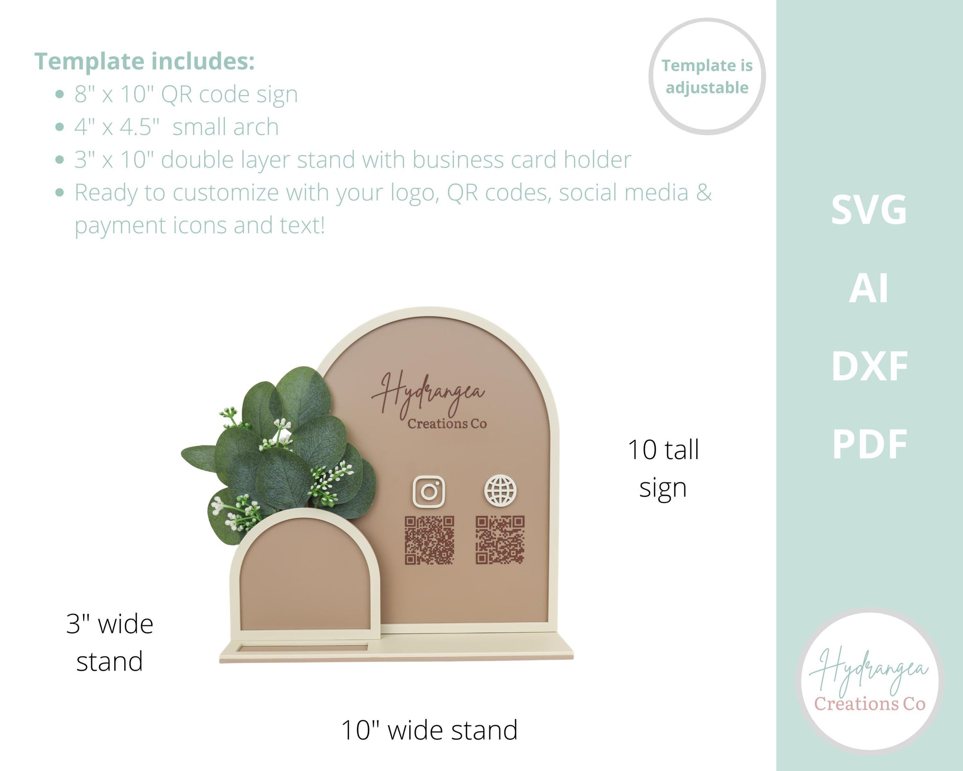 Floral Vase Double Arch QR Code Social Media Payment Business Card Holder Sign | Framed Arch Craft Show Market Display | Laser Cut SVG File