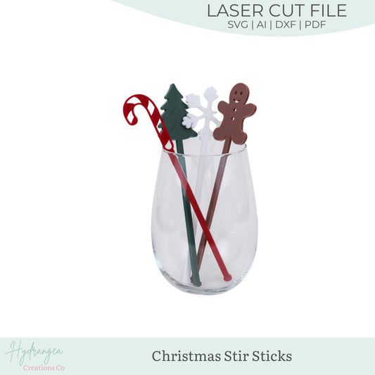 Christmas Drink Stirrer SVG Laser Cut File Template | Drink Stir Stick Party Favor Name Tag | Candy Cane Gingerbread Snowflake Stir Sticks
