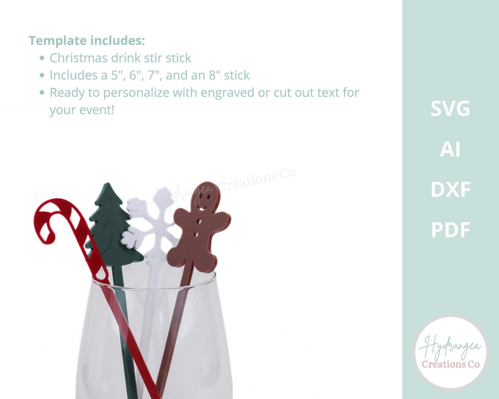 Christmas Drink Stirrer SVG Laser Cut File Template | Drink Stir Stick Party Favor Name Tag | Candy Cane Gingerbread Snowflake Stir Sticks
