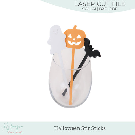 Halloween Drink Stirrer SVG Laser Cut File Template | Drink Stir Stick Spooky Party Favor Name Tag | Pumpkin Ghost Bat Stir Sticks