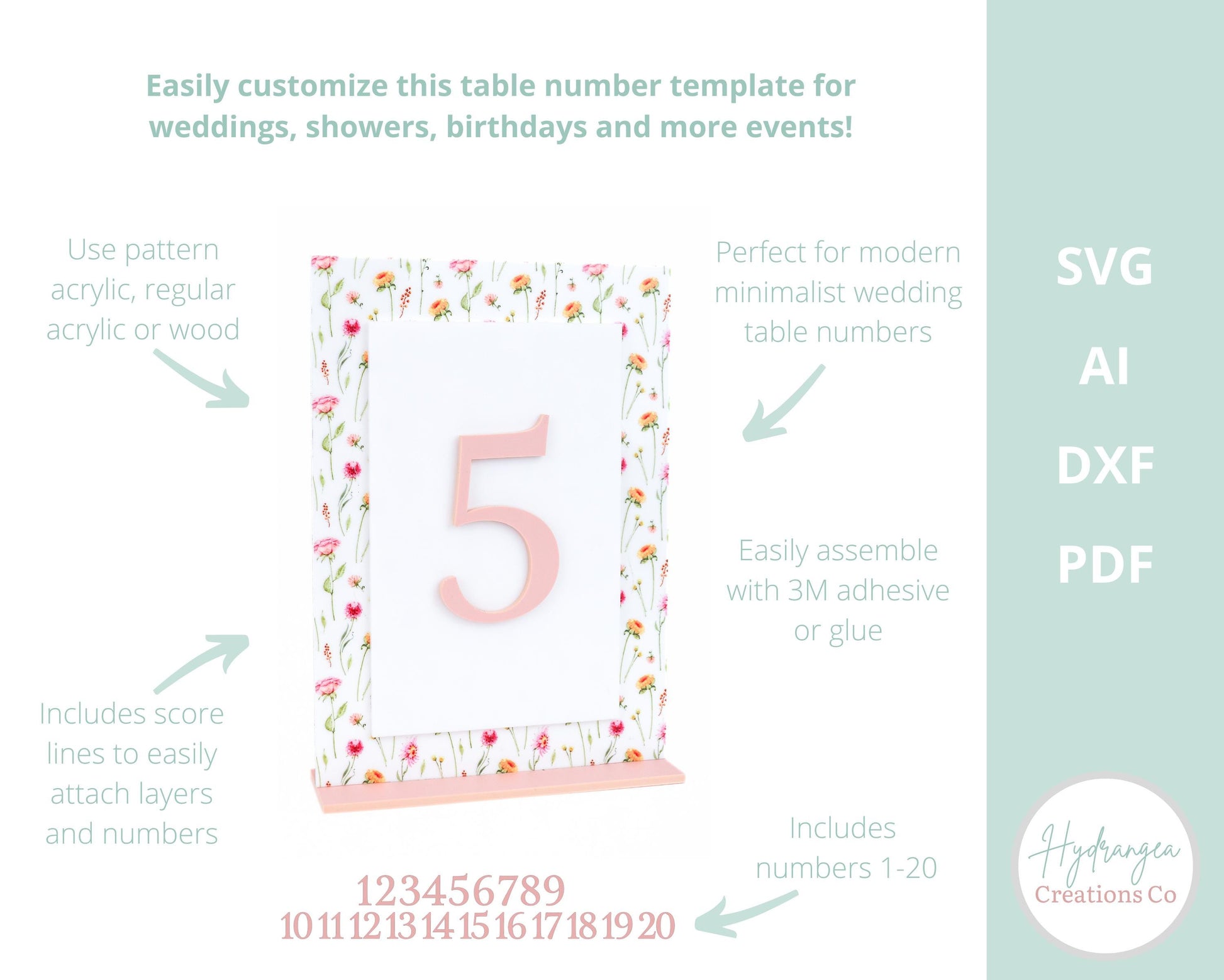 Table Number Layered Rectangle SVG Laser Cut File Template Wedding Acrylic Wood Signage | Bridal Baby Shower Graduation Table Number