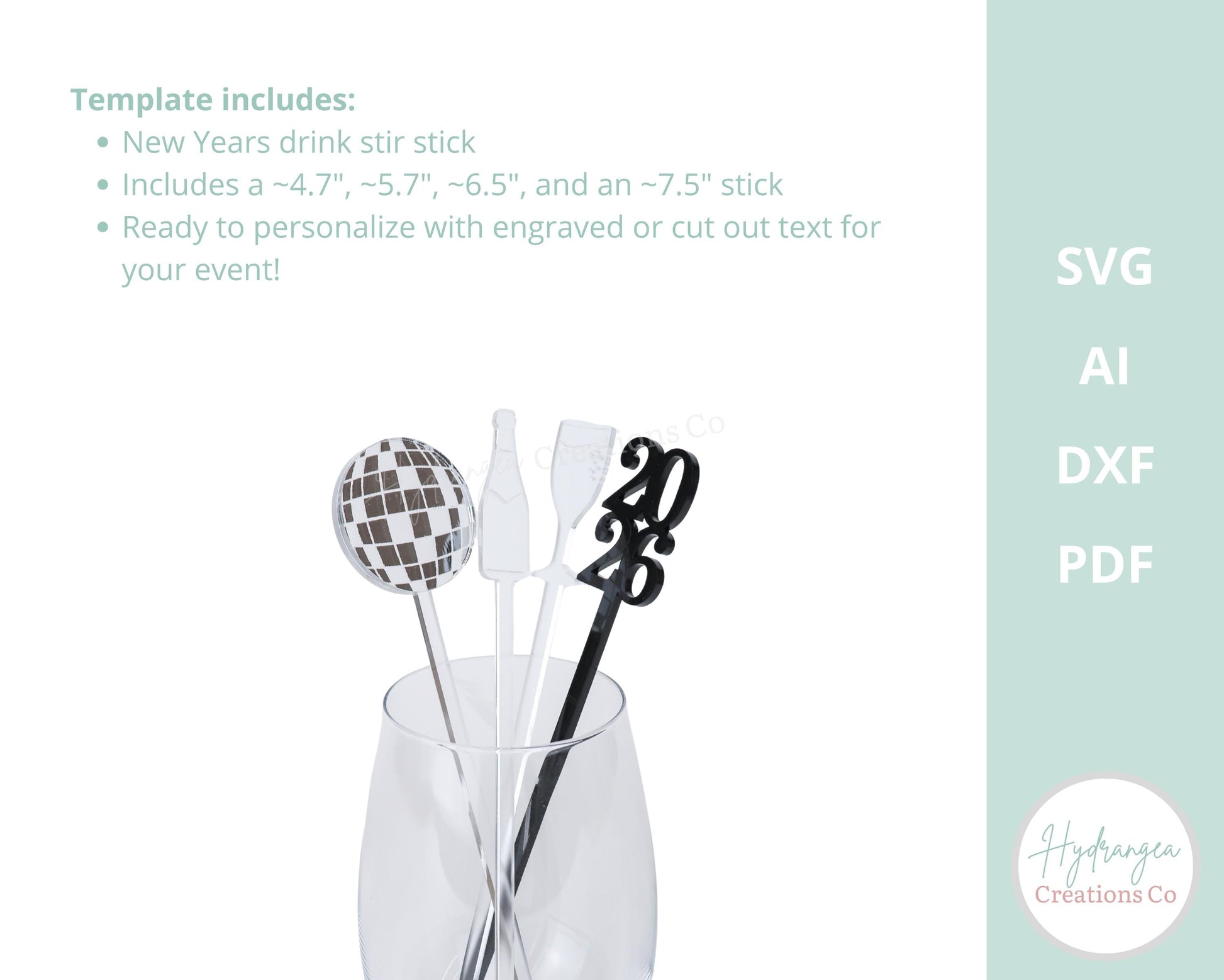 New Years Stir Sticks SVG Laser Cut File Template | Drink Stirrer Party Favor Name Tag | Disco Ball 2026 Champagne Stir Sticks