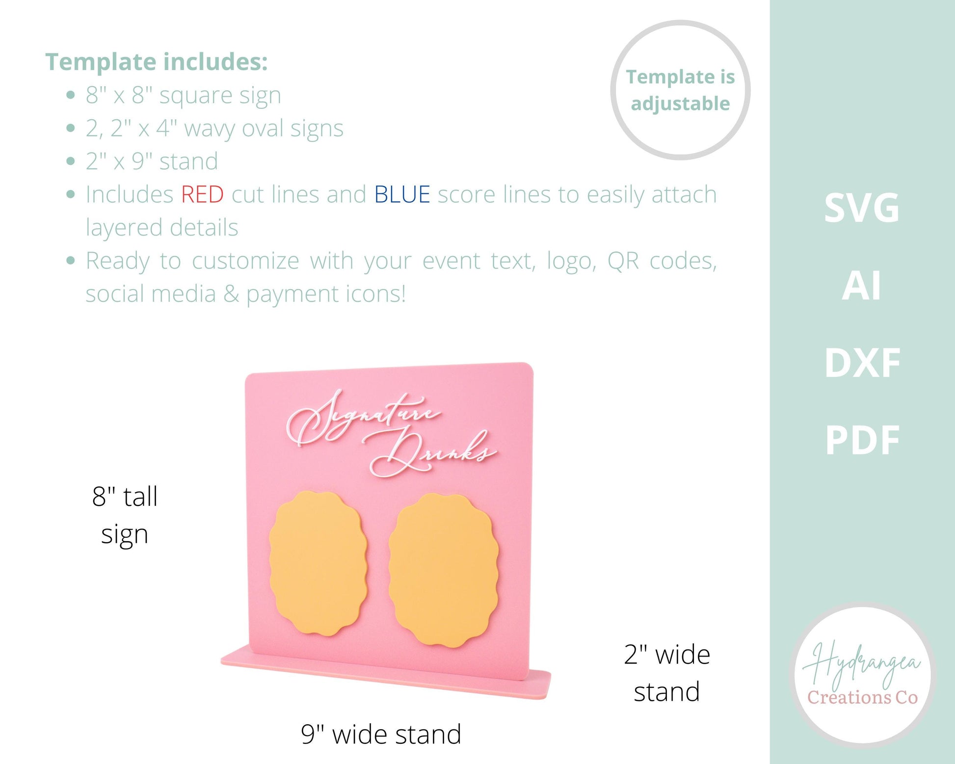 Signature Drink Menu Sign Template SVG Wedding Signage | Bar Menu | Social Media Sign | Square Wavy | Bridal Shower QR Code | Laser Cut File