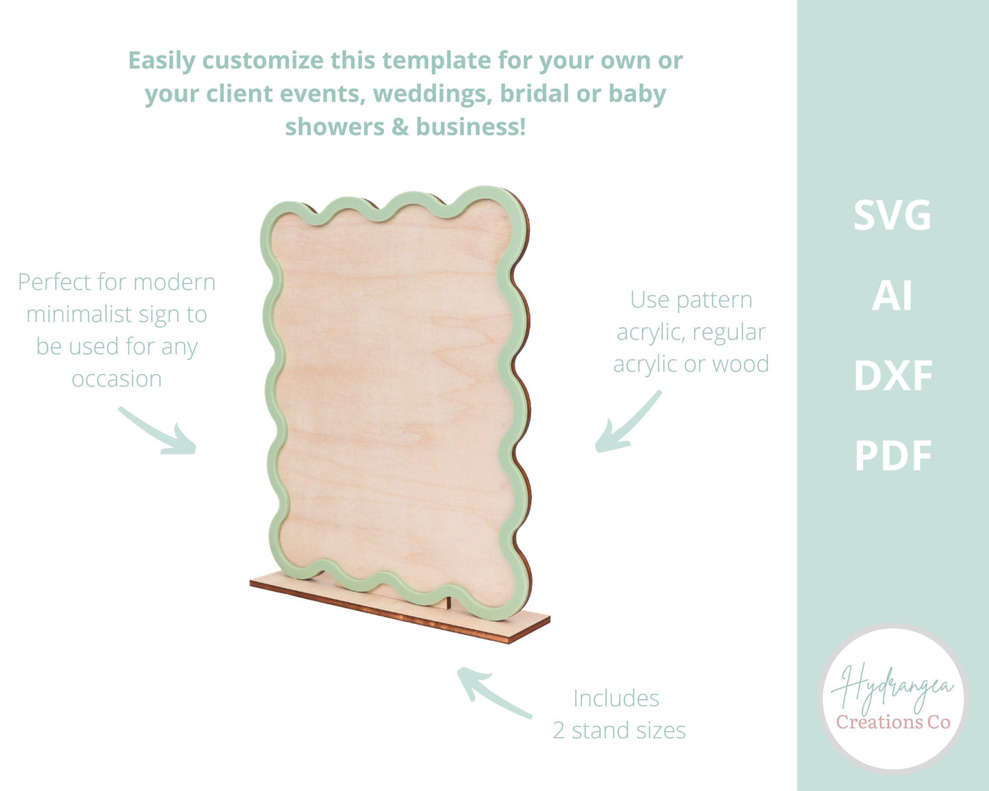 Rectangle Sign With Wavy Frame And Stand Template | 8x10" SVG Wedding Bar Menu | Table Number | Social Media | Laser Cut Files