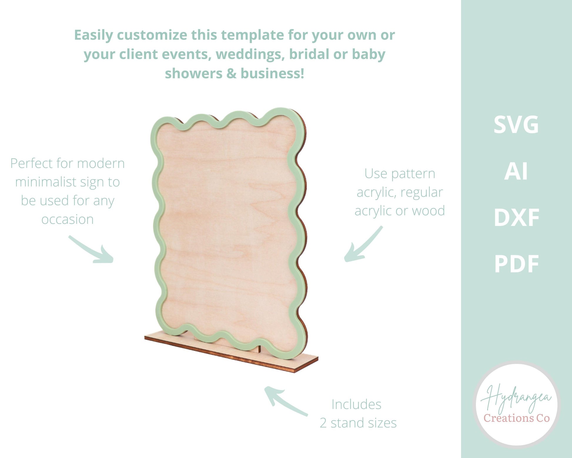 Rectangle Sign With Wavy Frame And Stand Template | 8x10" SVG Wedding Bar Menu | Table Number | Social Media | Laser Cut Files