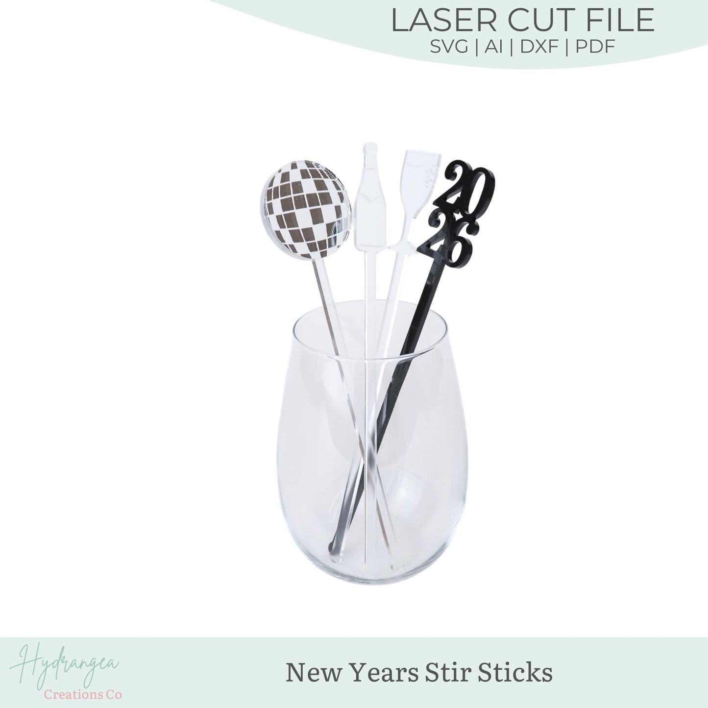 New Years Stir Sticks SVG Laser Cut File Template | Drink Stirrer Party Favor Name Tag | Disco Ball 2026 Champagne Stir Sticks