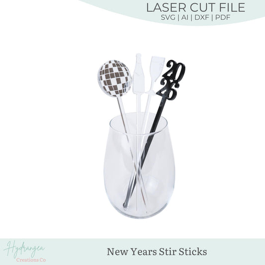 New Years Stir Sticks SVG Laser Cut File Template | Drink Stirrer Party Favor Name Tag | Disco Ball 2026 Champagne Stir Sticks