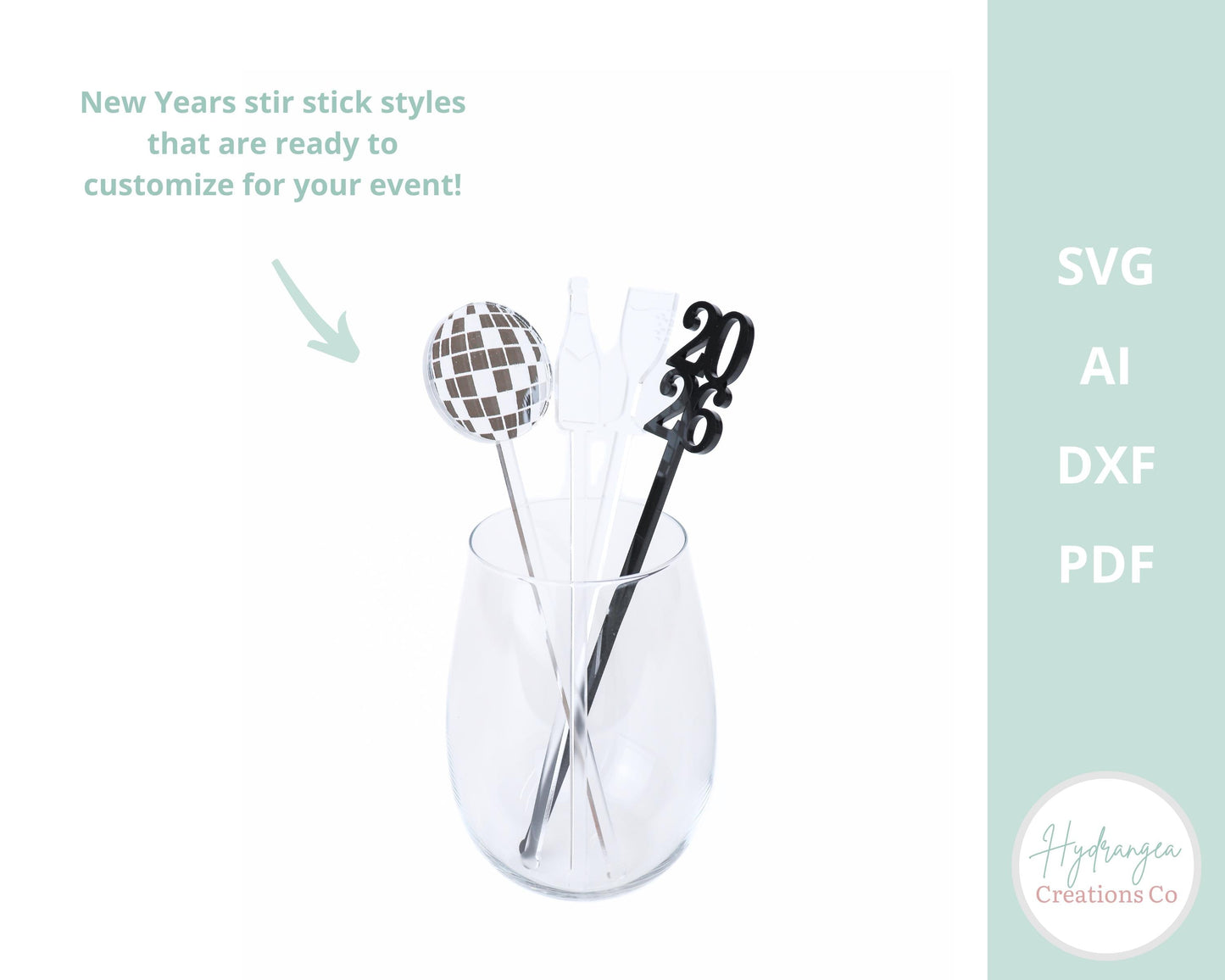 New Years Stir Sticks SVG Laser Cut File Template | Drink Stirrer Party Favor Name Tag | Disco Ball 2026 Champagne Stir Sticks