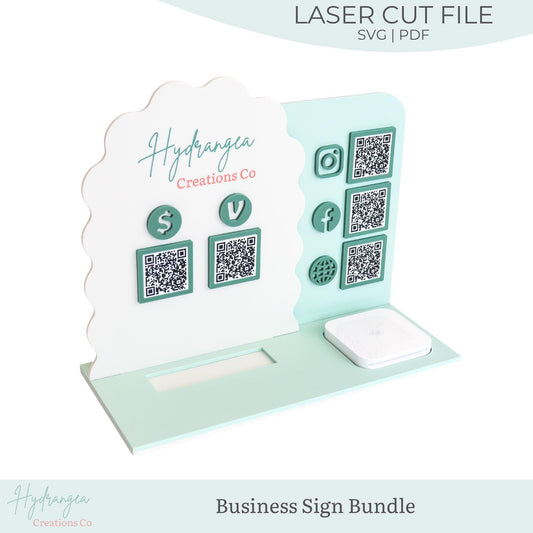 QR Wavy Sign Bundle Laser File SVG | Market Show Display | Scan to Pay QR Code Social Media Payment Business Card & Square Reader Station