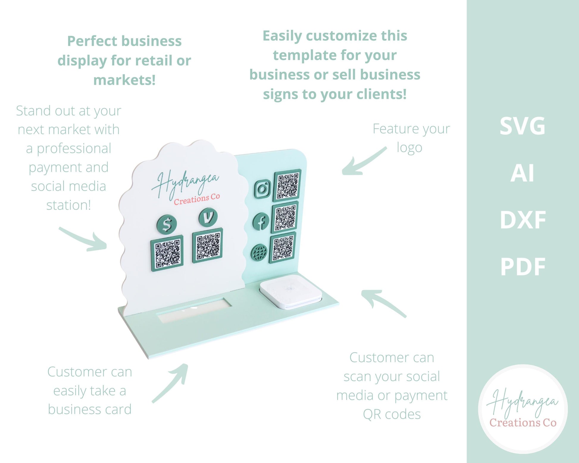 QR Wavy Sign Bundle Laser File SVG | Market Show Display | Scan to Pay QR Code Social Media Payment Business Card & Square Reader Station
