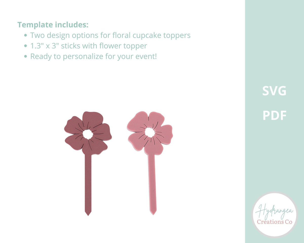 Flower Cupcake Topper SVG | Floral Stick Laser Cut File Template | Bridal Shower Wedding Birthday Decor | Cupcake Decoration