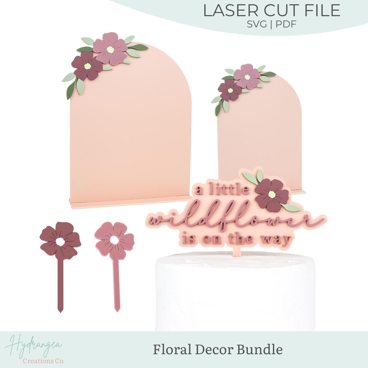 Wildflower Floral Event Decor Bundle SVG Template | Cupcake and Cake Topper | Flower Baby Shower Decor | SVG Glowforge Cricut Laser Cut File