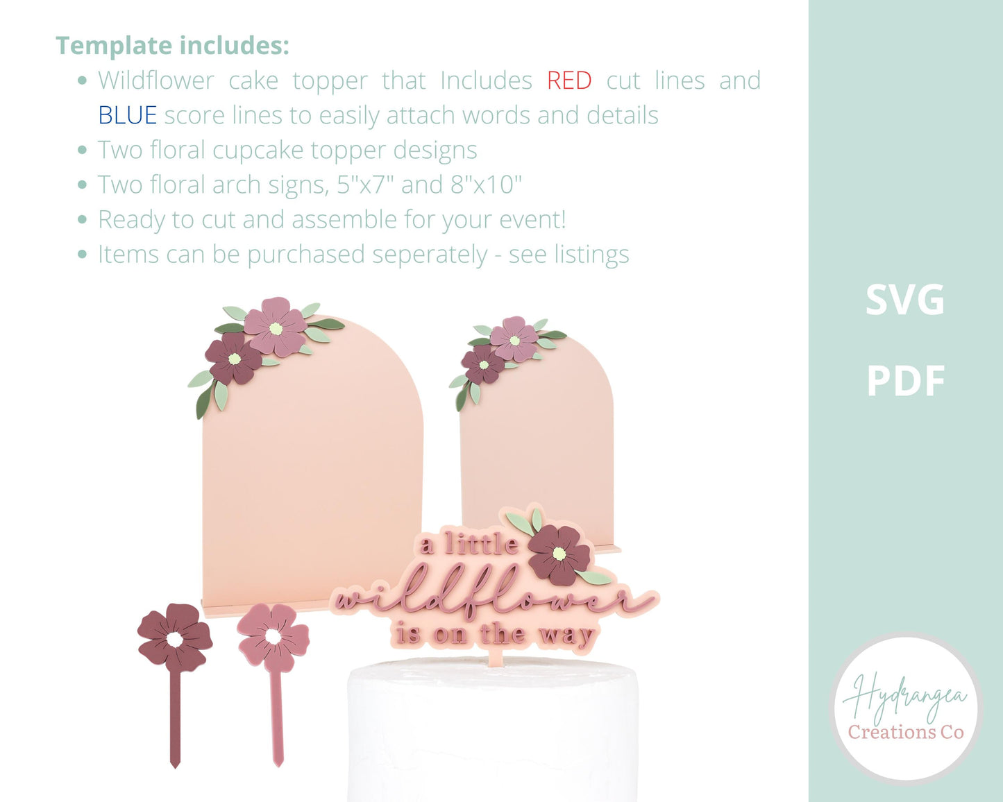 Wildflower Floral Event Decor Bundle SVG Template | Cupcake and Cake Topper | Flower Baby Shower Decor | SVG Glowforge Cricut Laser Cut File