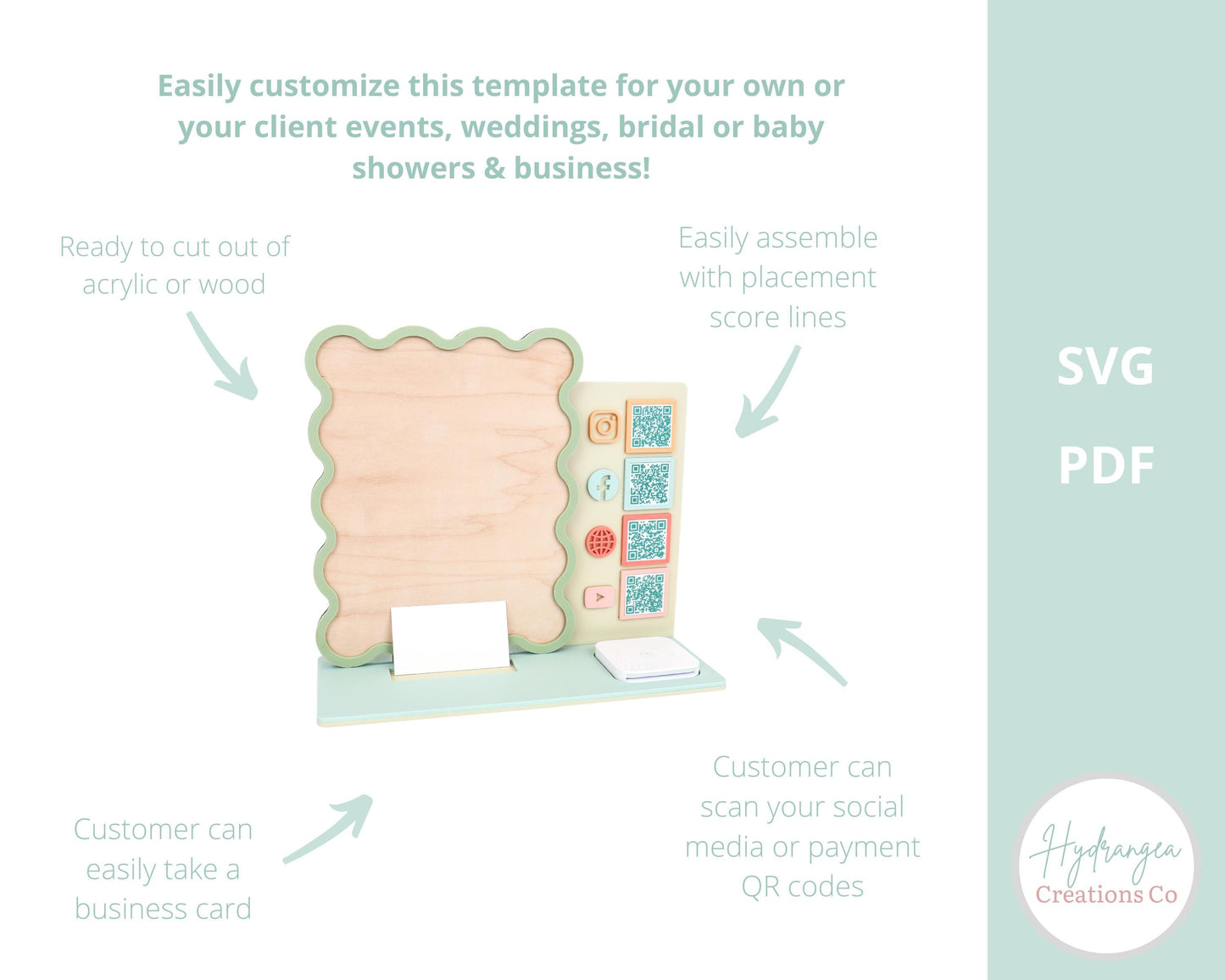QR Wavy Sign Bundle Laser File SVG | Market Show Display | Scan to Pay QR Code Social Media Payment Business Card & Square Reader Station