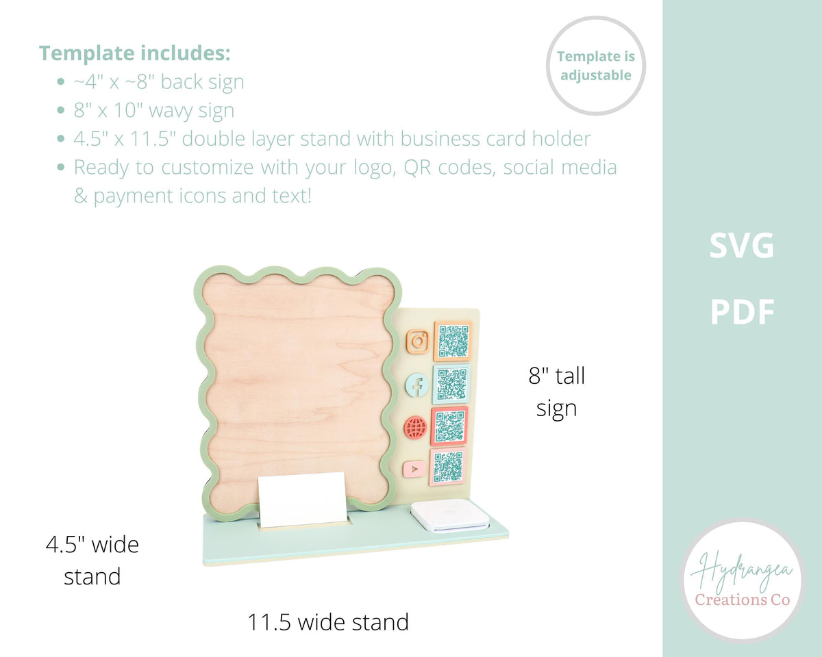 QR Wavy Sign Bundle Laser File SVG | Market Show Display | Scan to Pay QR Code Social Media Payment Business Card & Square Reader Station