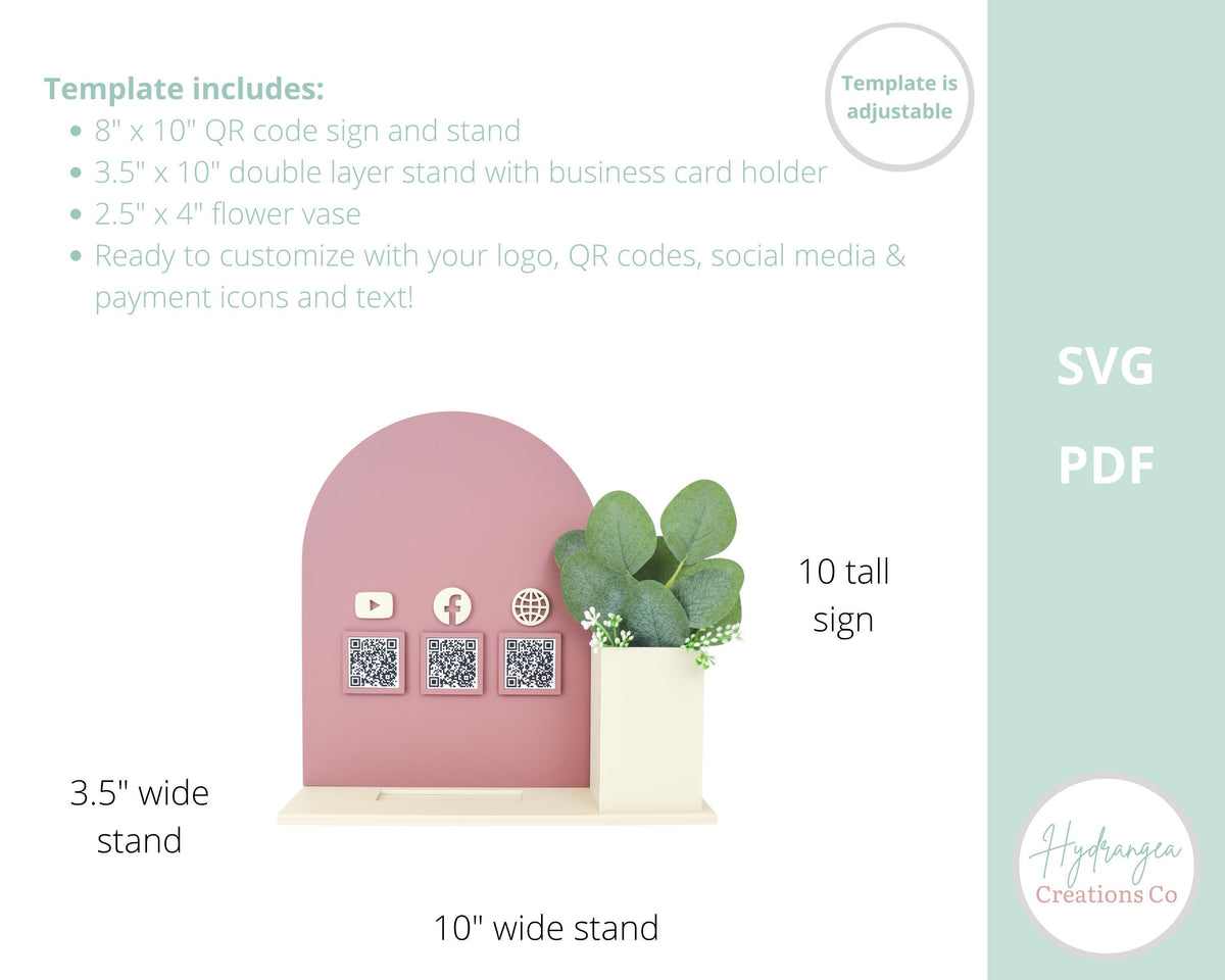 Floral Vase Arch QR Code Social Media Payment Business Card Holder Sign | Arch Craft Show Market Display | Laser Cut SVG File